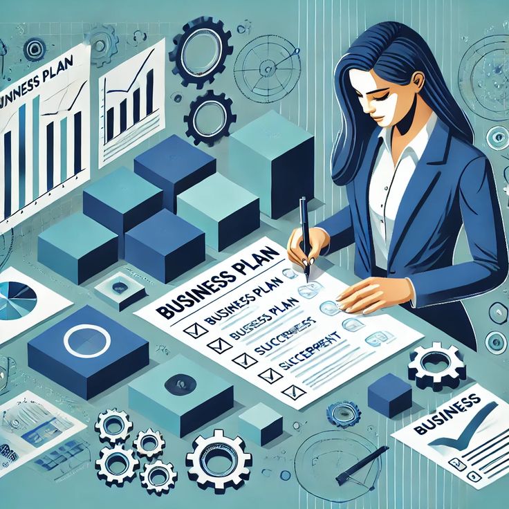 Woman entrepreneur reviewing a business plan with charts and growth graphs, symbolizing small business loans and financial support for women-owned businesses.