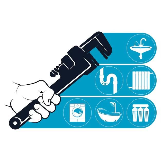 Plumber holding wrench with plumbing icons showing sink pipes filter washer and bathroom fixtures for plumbing business services and repairs.