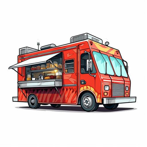 Red food truck with open service window and kitchen equipment, parked and ready for customers at a street location serving food.