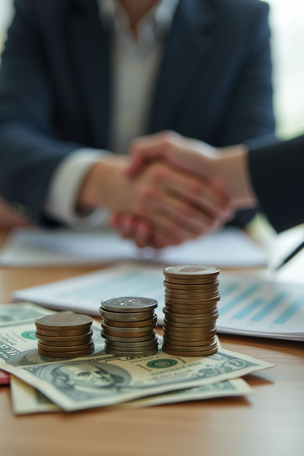 Stacks of coins and dollar bills on a desk with business documents, while two professionals shake hands in the background, representing funding and merchant cash advances for startup businesses.
