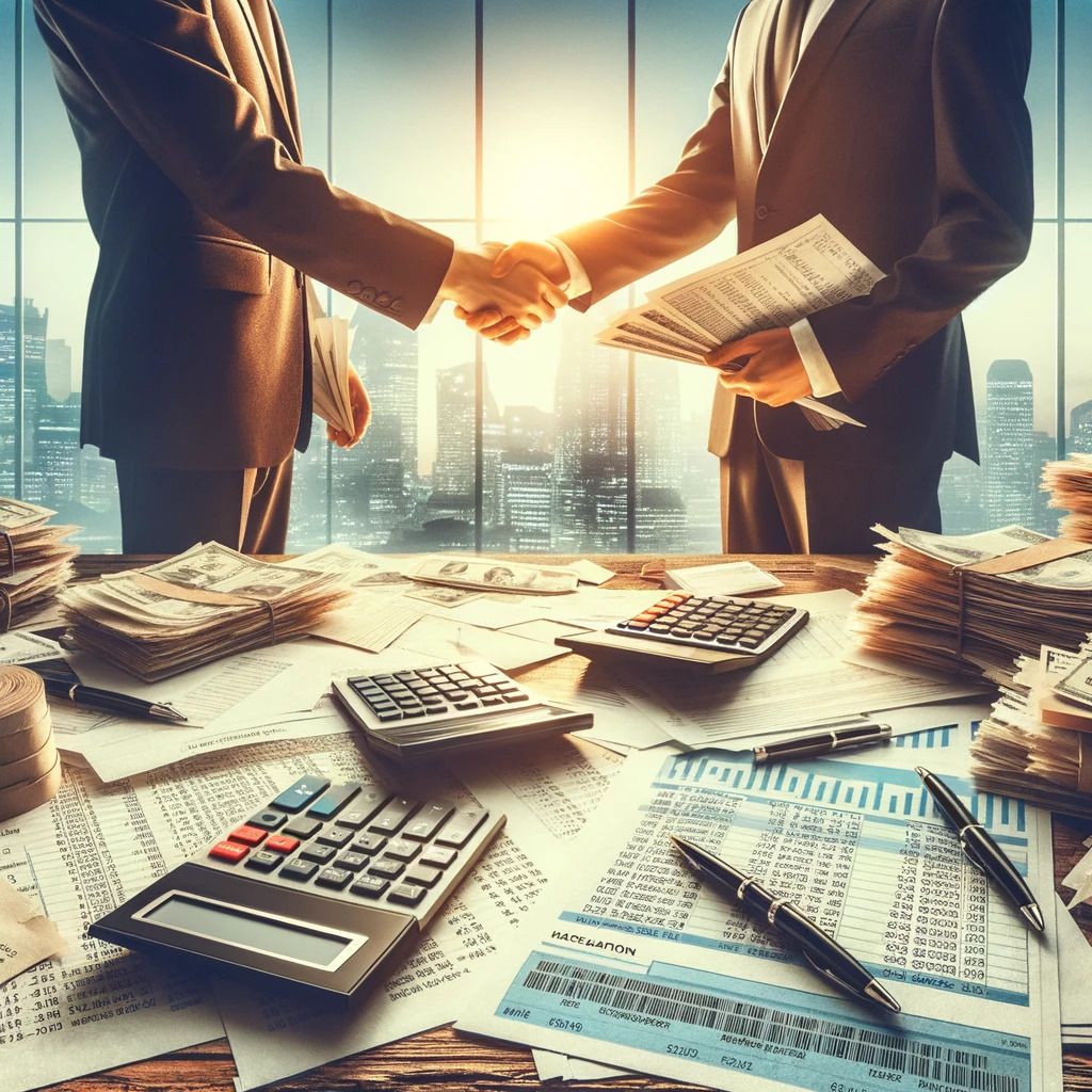 Two businesspeople shaking hands over stacks of cash, documents, and calculators, symbolizing funding, financial agreement, and small business support.