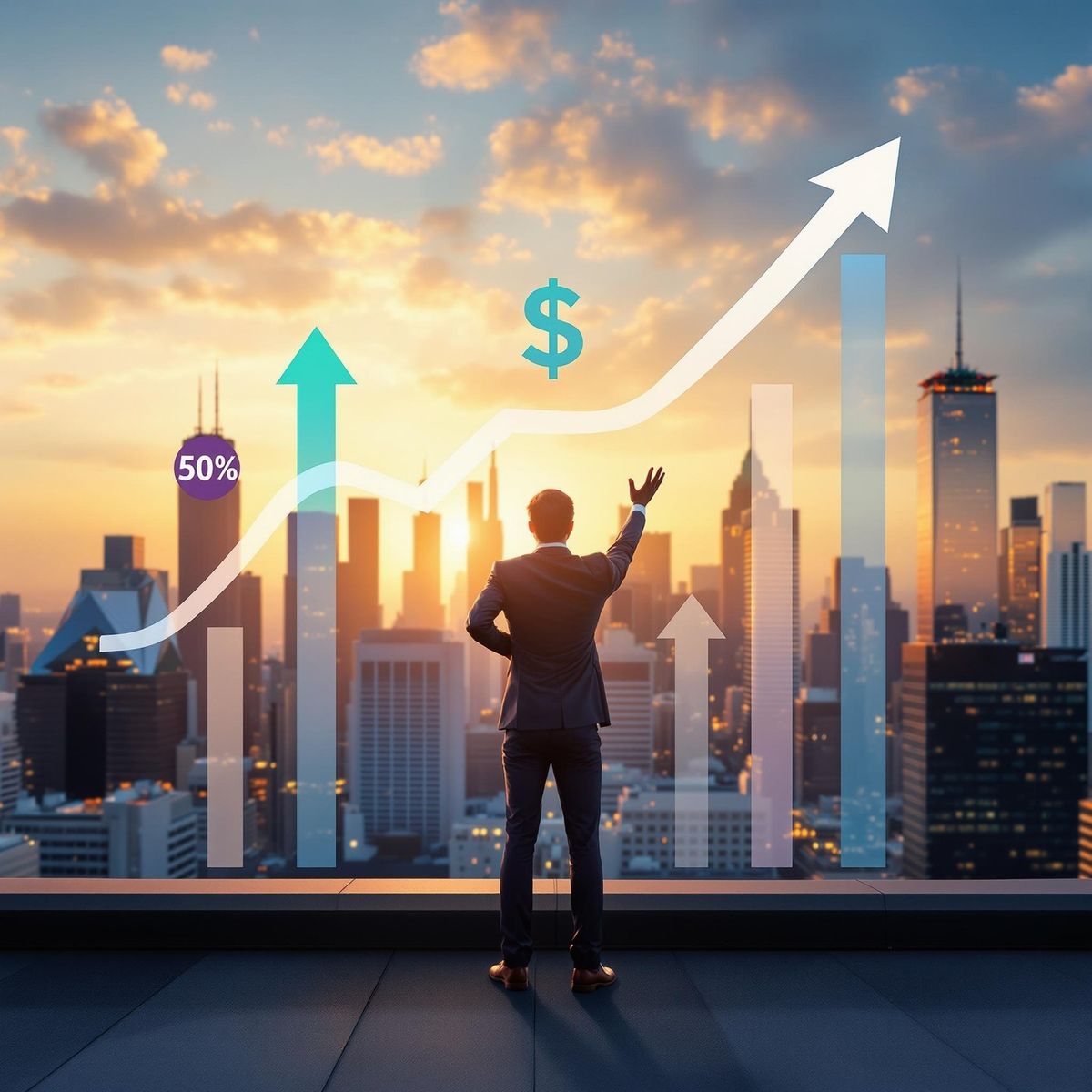 Businessman overlooking a city skyline at sunset with upward financial charts, arrows, and a dollar symbol overlay, representing growth and lending comparison between Lending Club and Swish Funding.