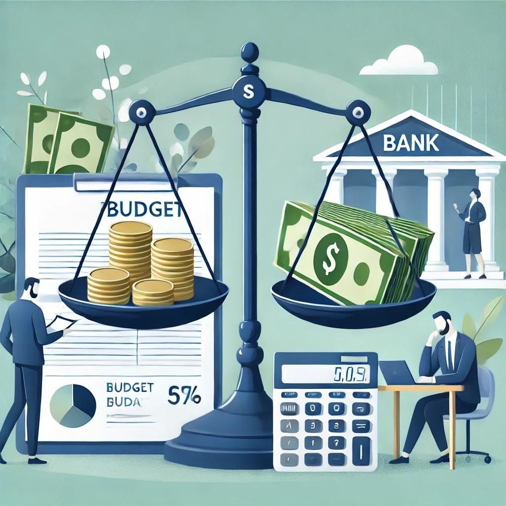 Illustration of a financial balance scale comparing coins and cash with a bank building, calculator, and budget report, representing a funding comparison between Capify and Swish Funding for small business financing.