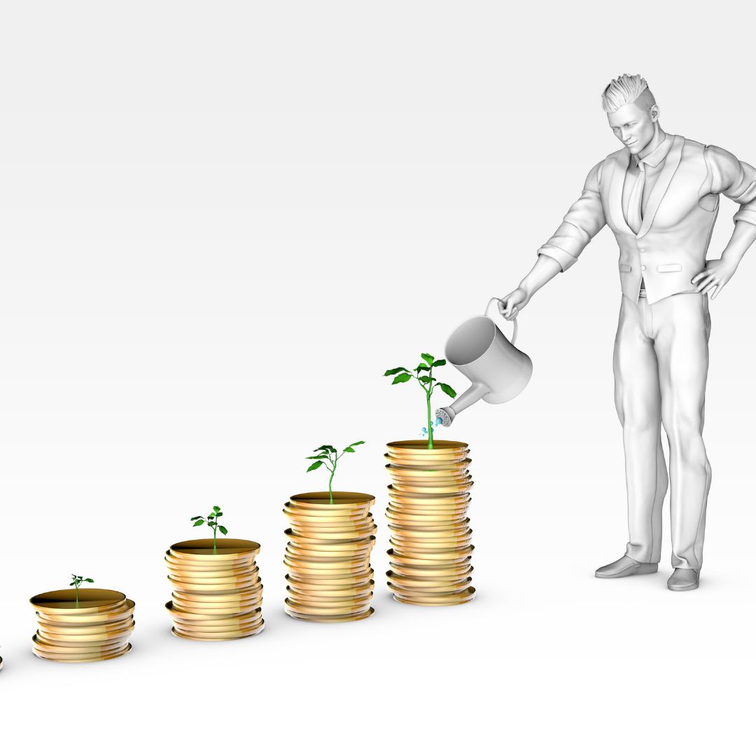 Business professional watering plants growing from stacks of coins, symbolizing financial growth and small business funding in a comparison between Fundbox and Swish Funding