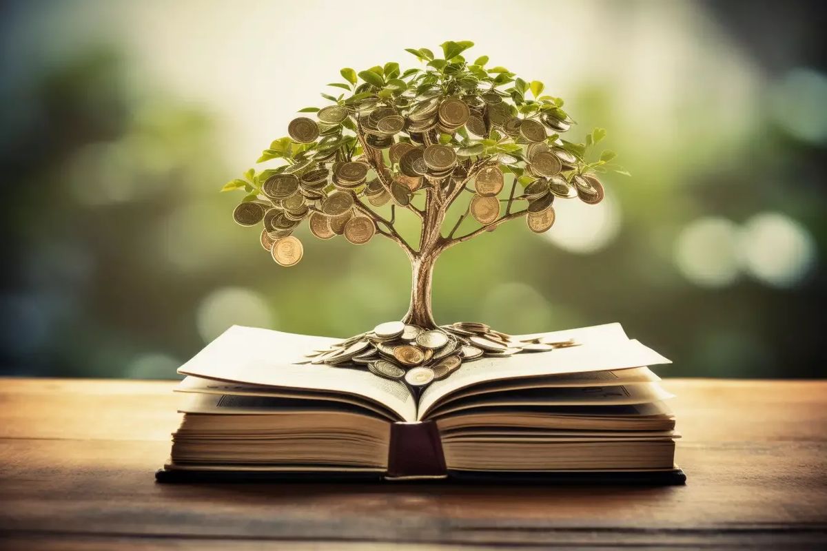 Money tree growing from an open book with coins as leaves, symbolizing financial growth and funding knowledge in a comparison between Kapitus and Swish Funding