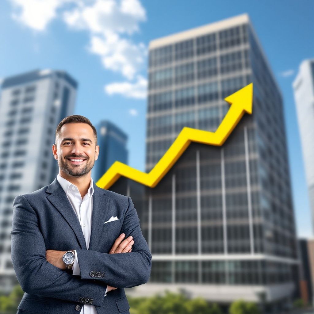 Confident businessman standing in front of a modern office building with a large upward yellow arrow overlay, symbolizing business growth and financial comparison between Nav and Swish Funding.