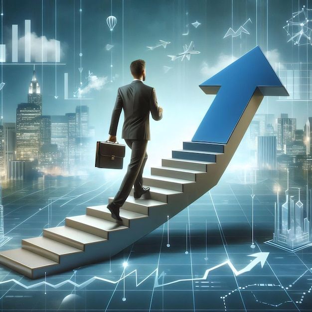 Businessman walking up stairs shaped like an upward arrow with financial charts and cityscape in the background, symbolizing business growth and financing comparison between eCapital and Swish Funding.