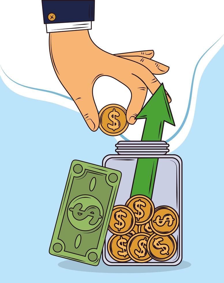 Hand placing a coin into a jar filled with coins and cash, with green arrow showing savings growth and investment increase.