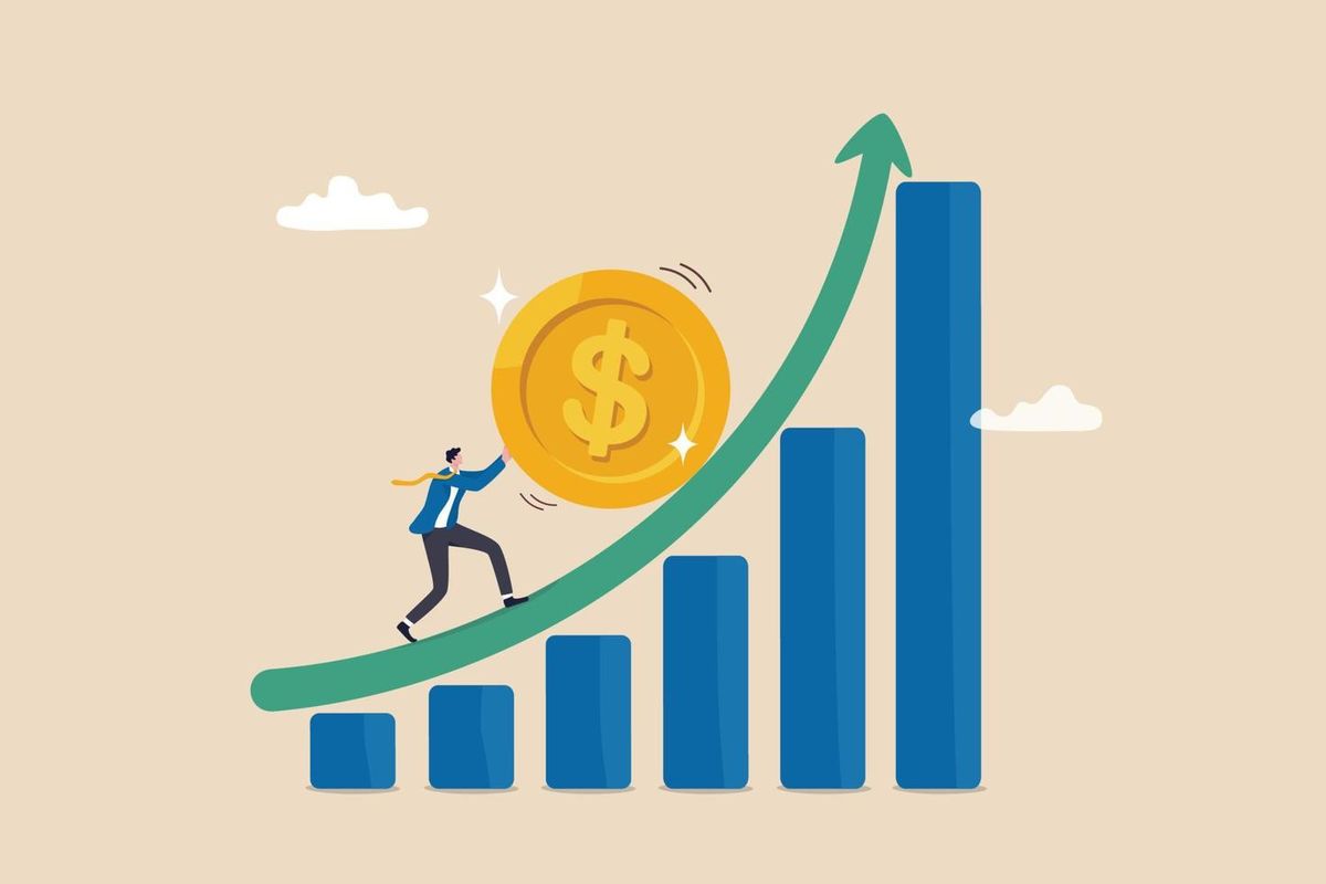 Illustration of a business professional pushing a large coin up a rising bar chart, symbolizing business funding growth and financial success.