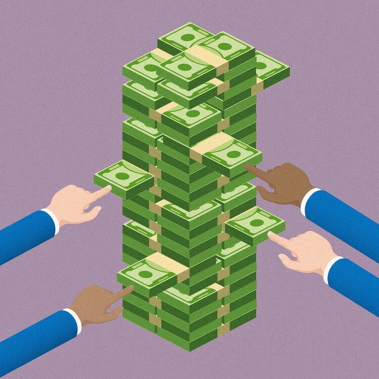 Several hands pulling money bundles from a tall stack of cash, showing competition for money, shared profit, or financial pressure.