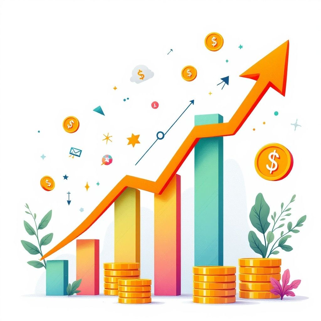 Business growth chart with rising bars, upward arrow, and gold coins showing funding success and financial support for companies.