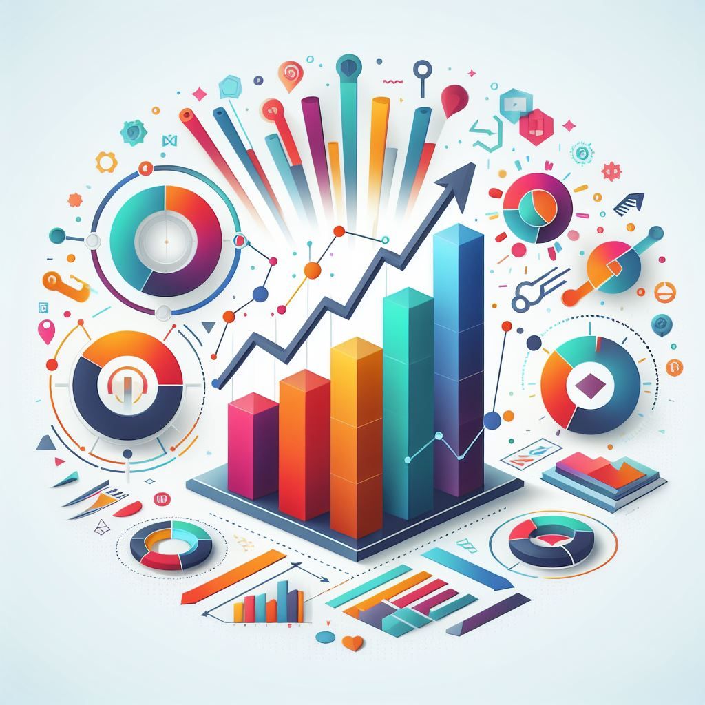 Colorful business growth chart with rising bars, pie charts, and upward arrow showing lender comparison and funding performance overview.