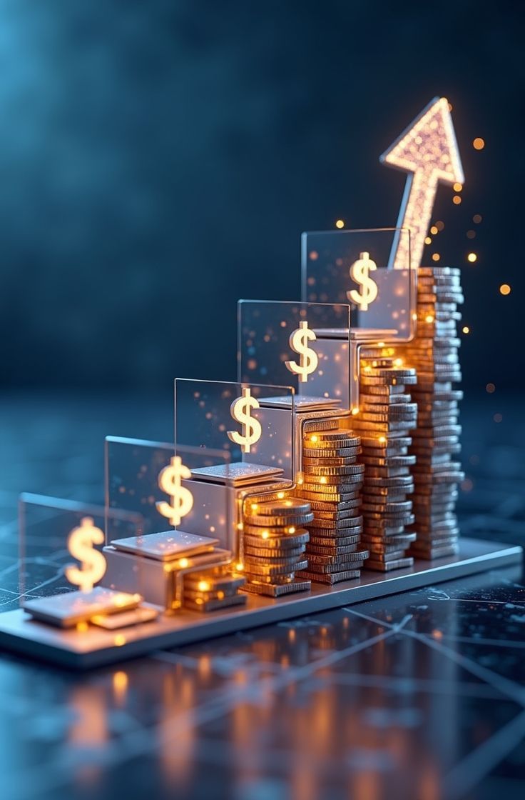 Stacked coins forming steps with glowing dollar signs and upward arrow, symbolizing business growth, financing options, and increasing revenue.