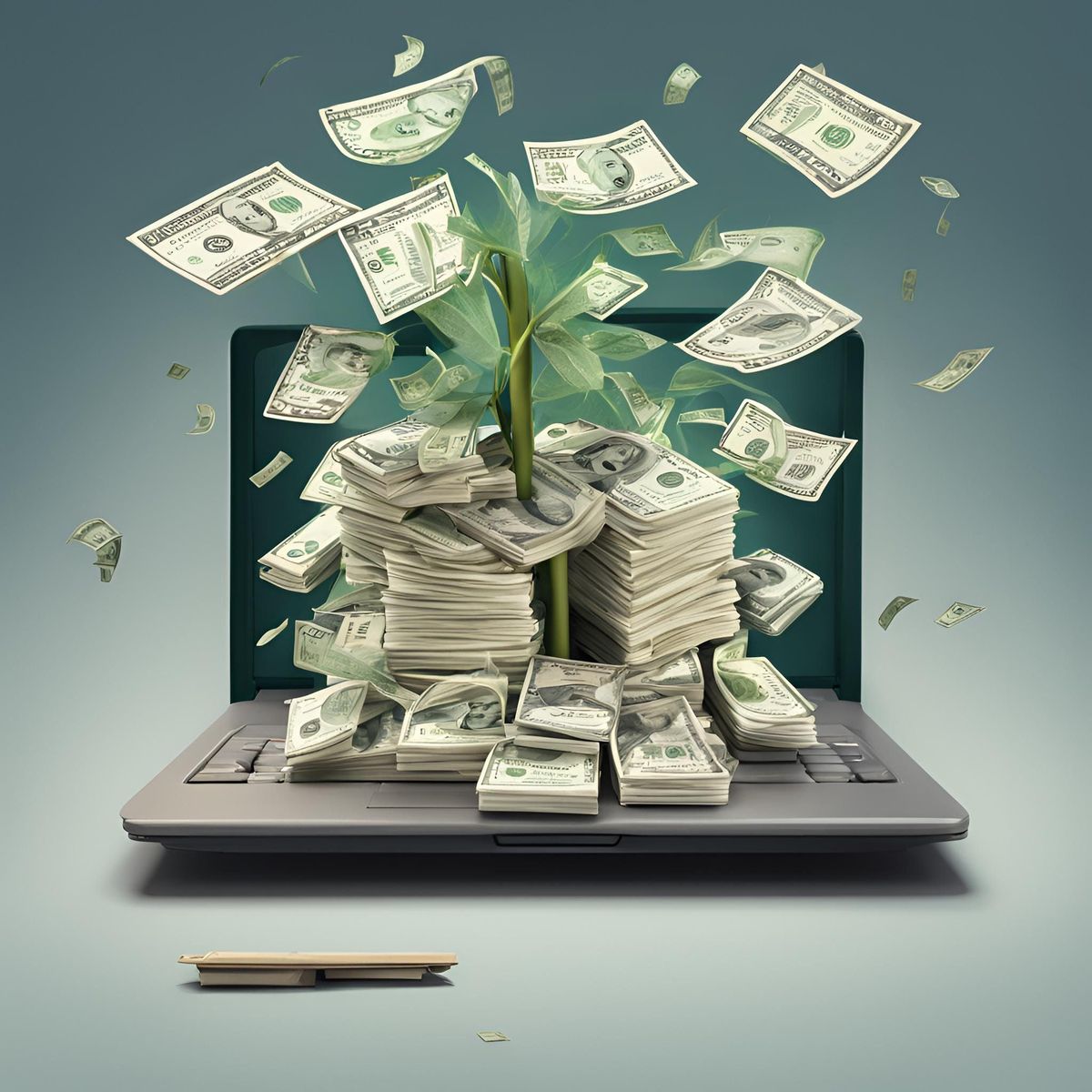 Laptop overflowing with stacks of cash and a growing money plant, symbolizing online business financing and funding growth in a comparison between Lendzi and Swish Funding.