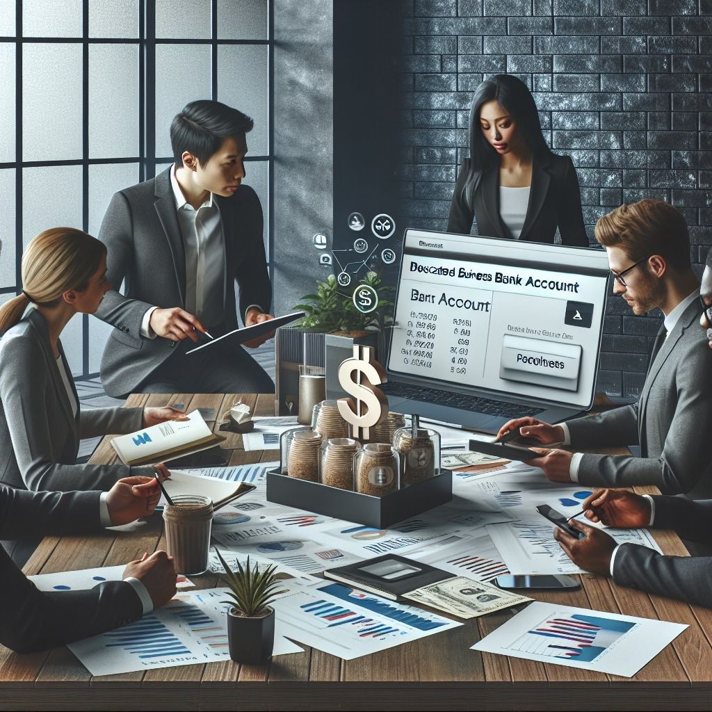 Business team analyzing financial reports and digital banking dashboard on a computer, representing startup banks offering merchant cash advances and modern funding solutions for small businesses.