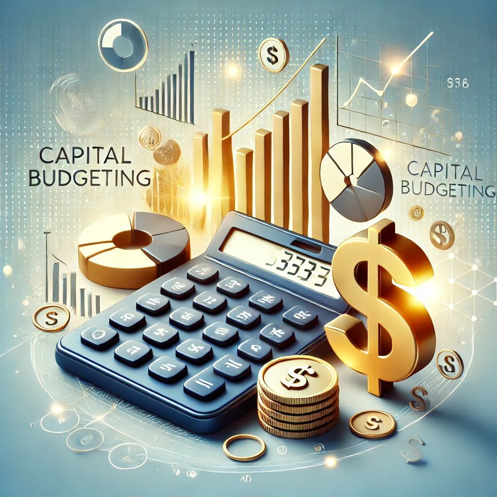 Calculator with financial charts, coins, and dollar symbols representing capital budgeting and strategies to refinance a merchant cash advance to improve business cash flow.