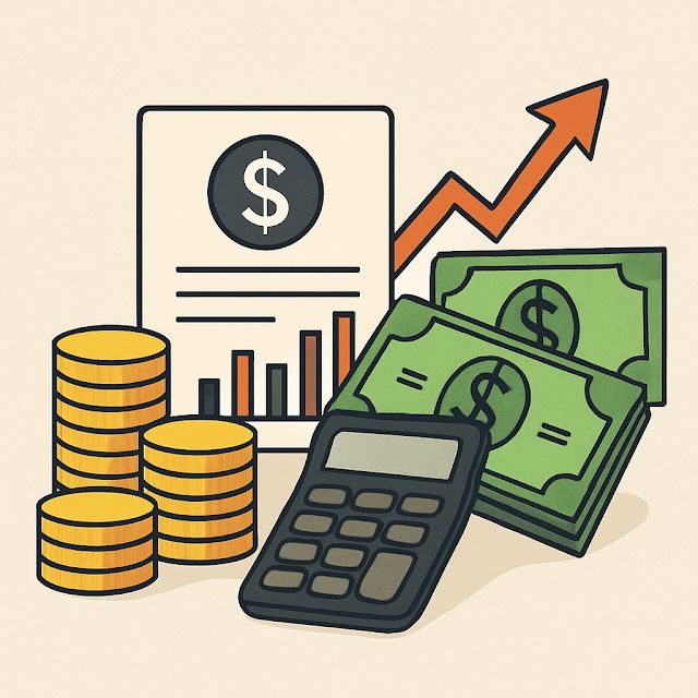 Illustration of reviewing financial records with charts, cash, coins, and a calculator on a desk, representing a comparison between Hello Alice and Swish Funding for business financing solutions.