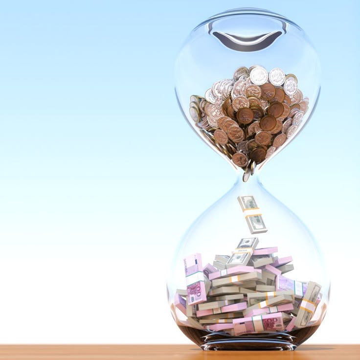 Hourglass filled with coins at the top and stacks of cash at the bottom, symbolizing time-based cash flow and funding comparison between Headway Capital and Swish Funding for business financing options.