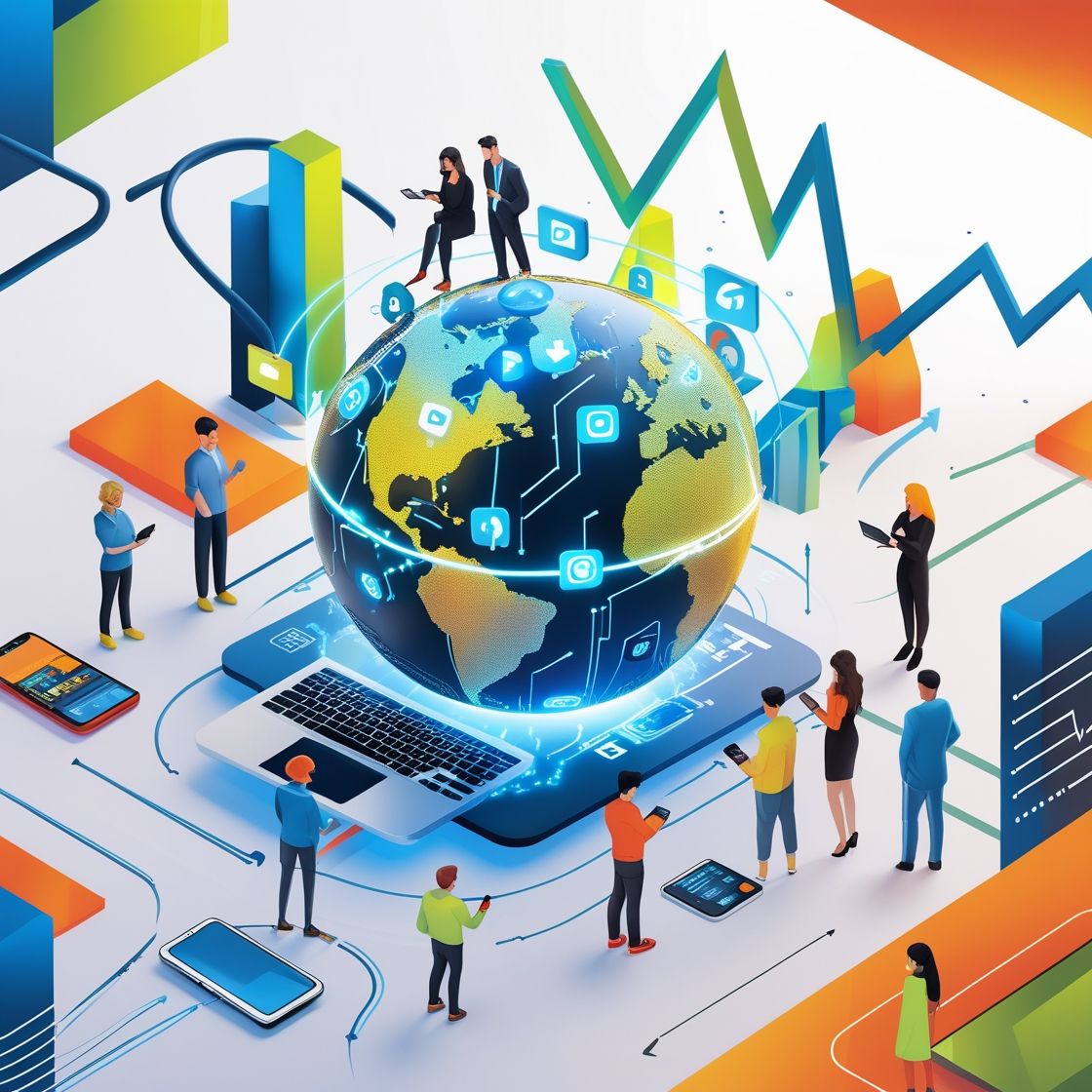 Digital global network with people using devices and financial growth charts, representing connected business operations and funding solutions through a Merchant Cash Advance in Nebraska.