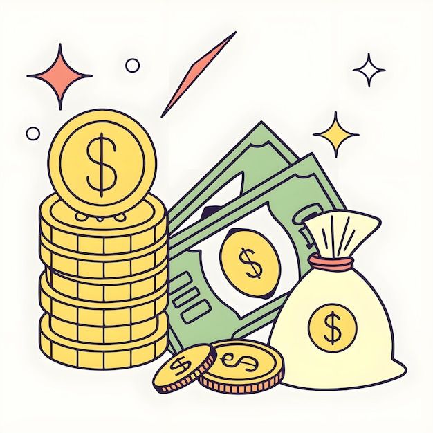 Illustration of stacked coins, paper currency, and a money bag with dollar symbols, representing merchant cash advance funding options for businesses in Nevada.