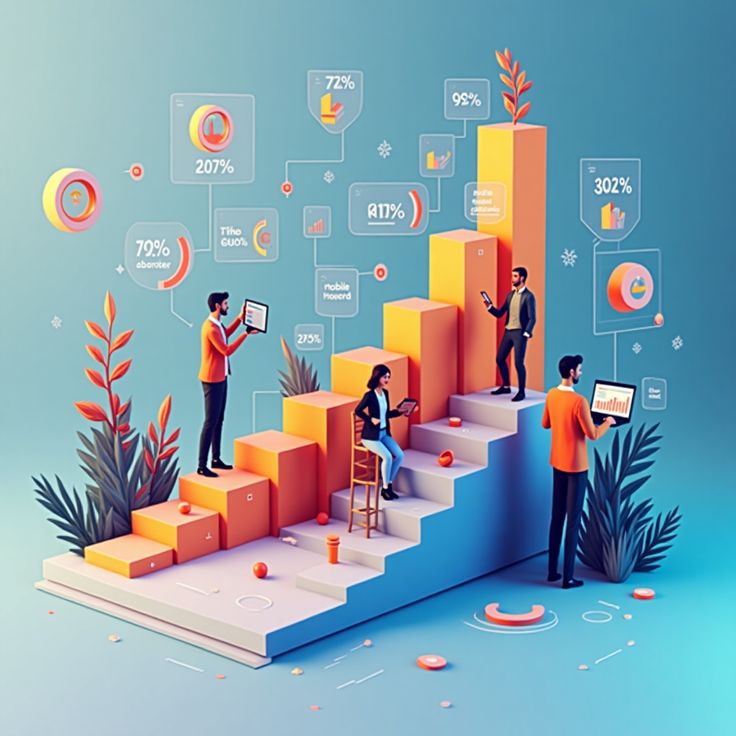 Business professionals analyzing growth metrics on rising bar charts and digital dashboards, symbolizing business expansion and funding solutions through a Merchant Cash Advance in New Hampshire.
