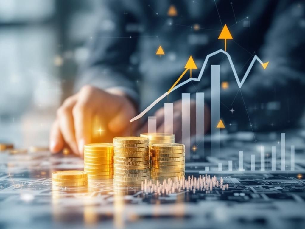 Stacks of coins with an upward financial graph and business analytics overlay, representing growth and fast funding solutions for a Merchant Cash Advance in New York.