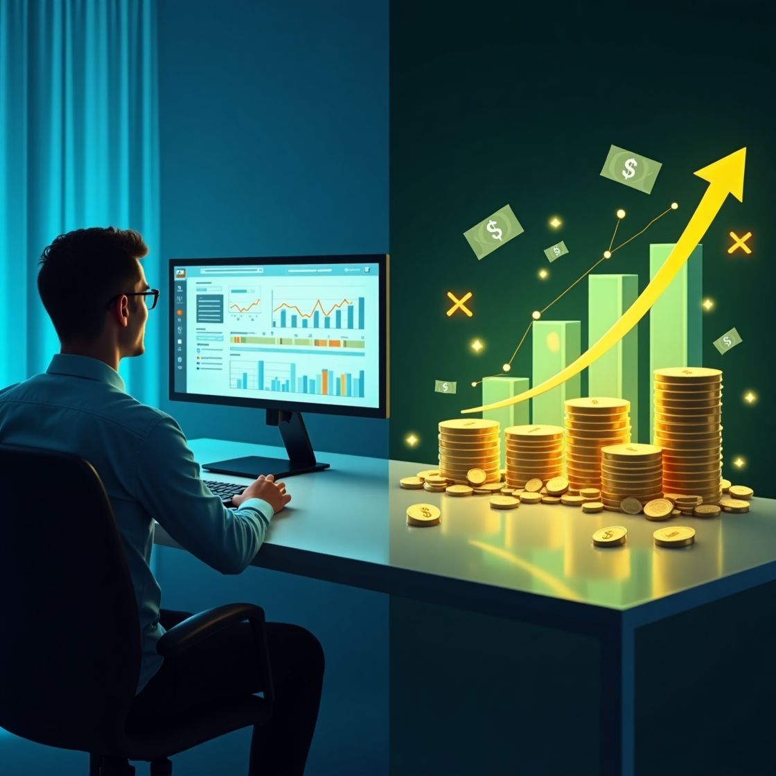 Business professional analyzing financial data on a computer alongside rising coin stacks and growth charts, representing increased revenue and funding opportunities through a Merchant Cash Advance in North Dakota.