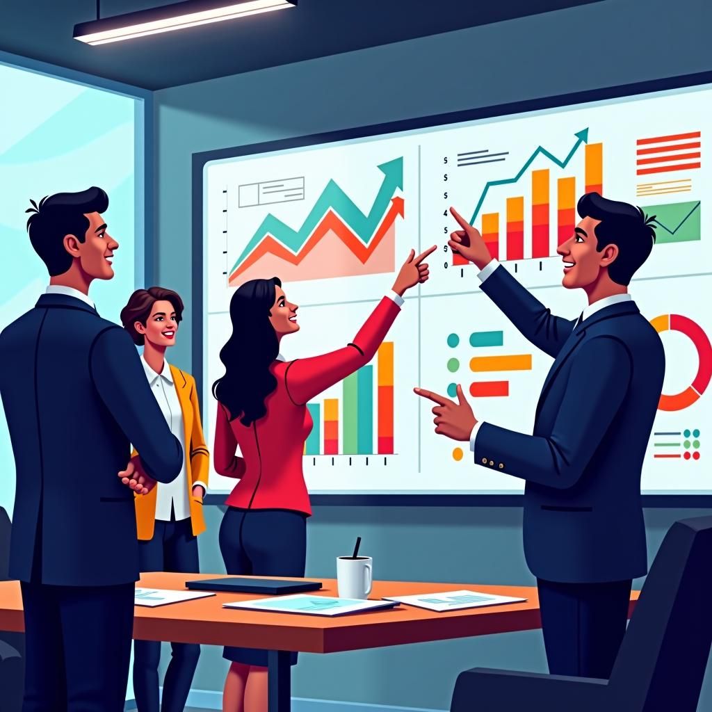 Business professionals analyzing financial charts and growth graphs on a presentation screen, representing data-driven funding solutions like Merchant Cash Advance in Ohio.