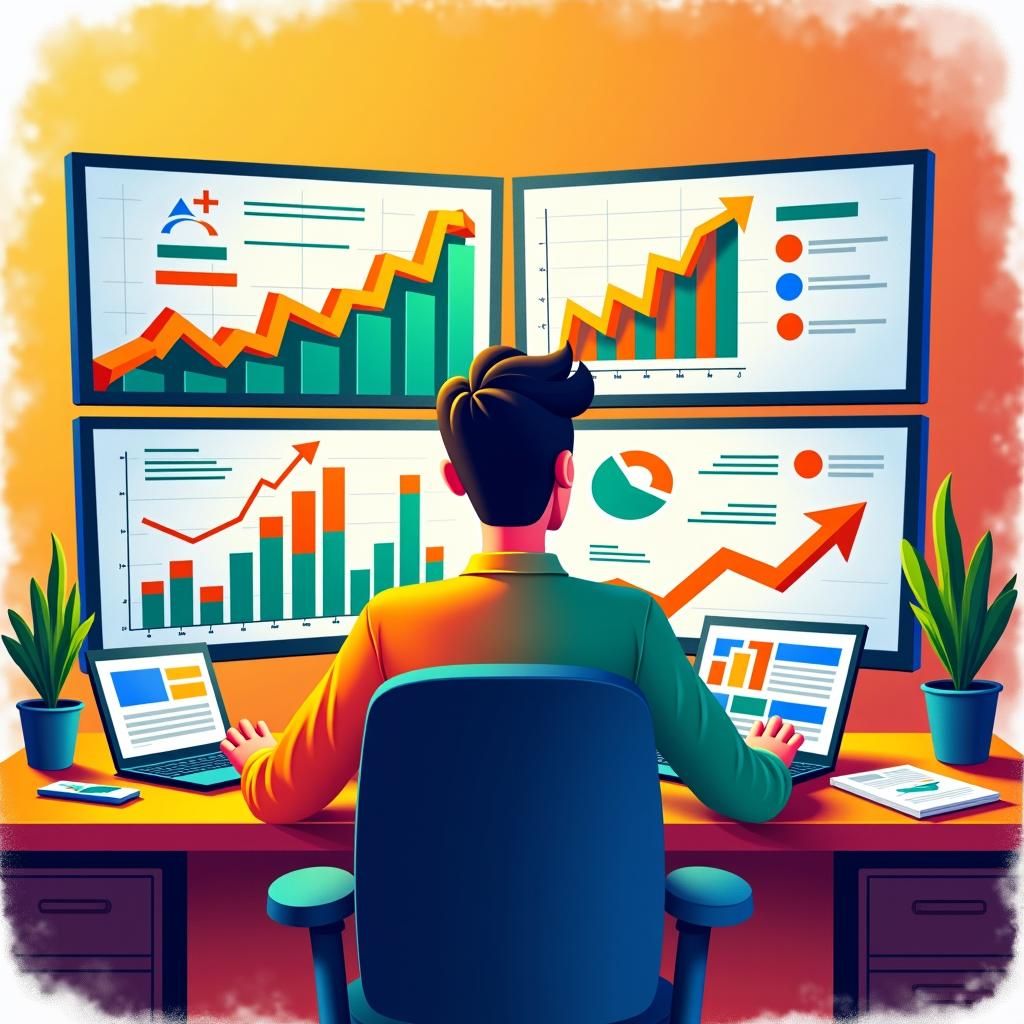 Business owner analyzing financial charts on multiple screens, representing data-driven funding and merchant cash advances in New Mexico.