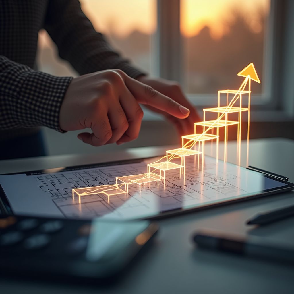 Business professional pointing at a glowing upward growth chart on a digital tablet, symbolizing financial growth and merchant cash advance opportunities in Oklahoma.