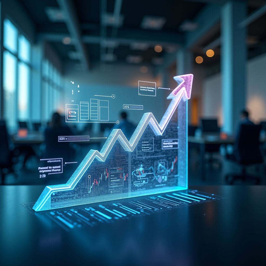 Digital holographic growth chart with an upward arrow in a modern office setting, representing business expansion and merchant cash advance opportunities in Oregon.
