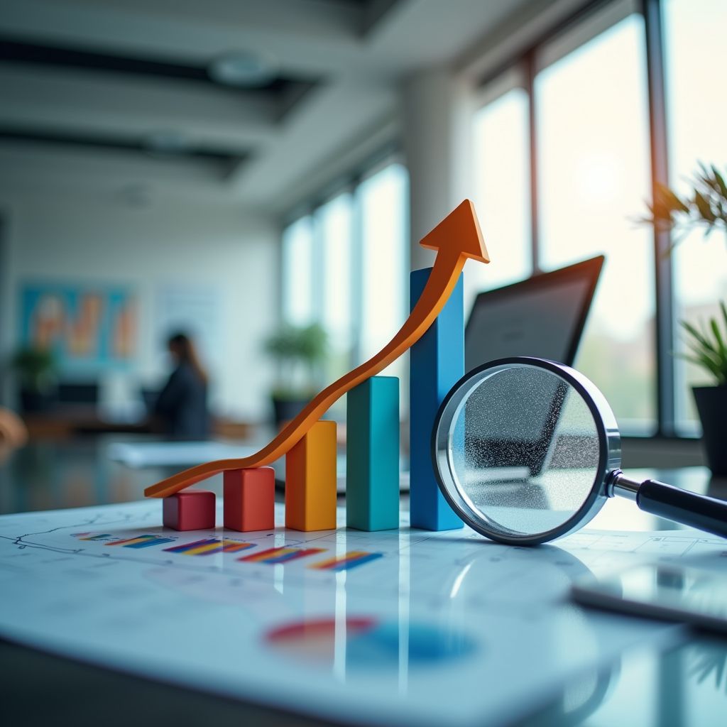 Colorful bar graph with an upward arrow and magnifying glass on a desk in a modern office, symbolizing financial growth and merchant cash advance opportunities in Rhode Island.