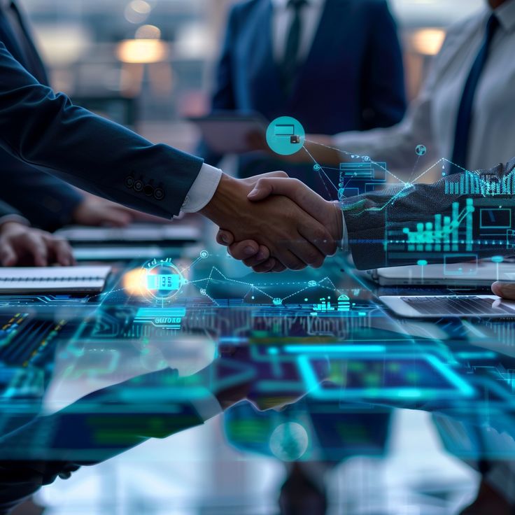 Business professionals shaking hands over a digital financial interface with charts and data, symbolizing partnership and merchant cash advance opportunities in South Dakota