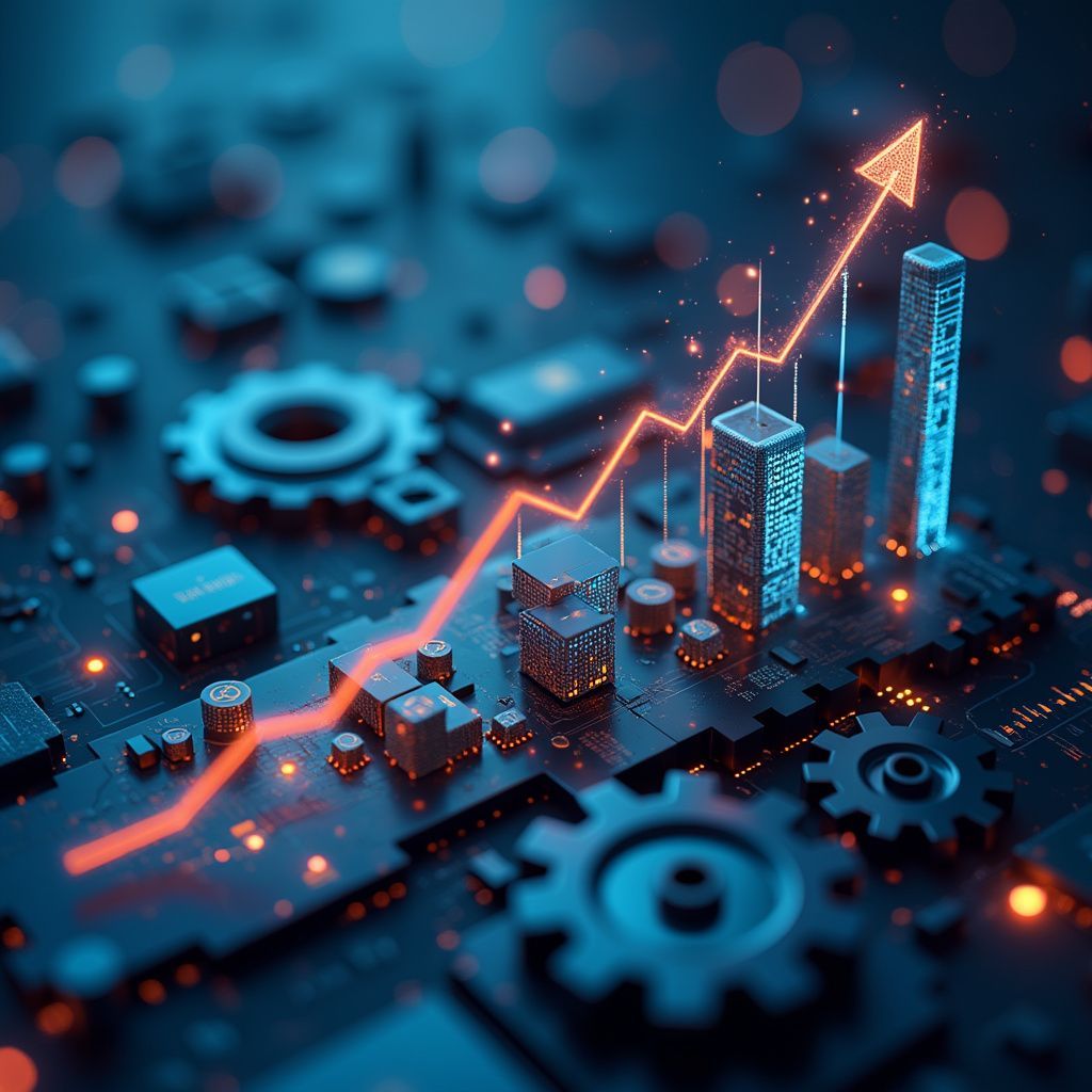 Futuristic illustration of a growing financial graph with an upward arrow over a digital cityscape, symbolizing business growth and funding opportunities like merchant cash advance in Tennessee.