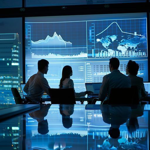 Business team analyzing financial data and performance charts on large digital screens, representing strategic planning and funding solutions through a Merchant Cash Advance in Vermont.