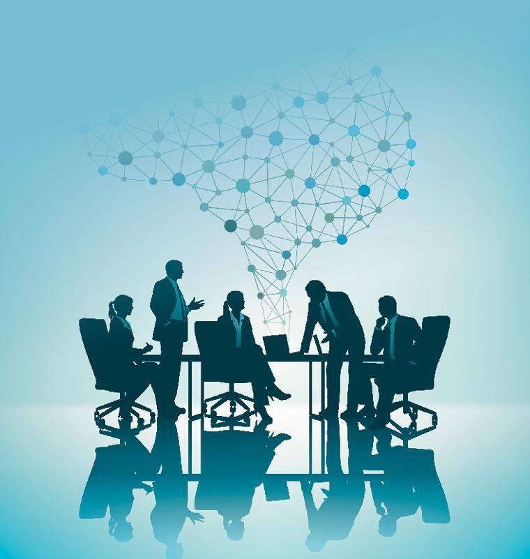 Silhouetted business team in a meeting with a digital network graphic above, representing strategic collaboration and funding opportunities through a Merchant Cash Advance in Virginia.