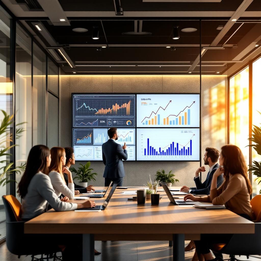 Business team in a modern conference room analyzing large screens with financial charts and graphs, representing data-driven decisions and merchant cash advance solutions in Wisconsin.