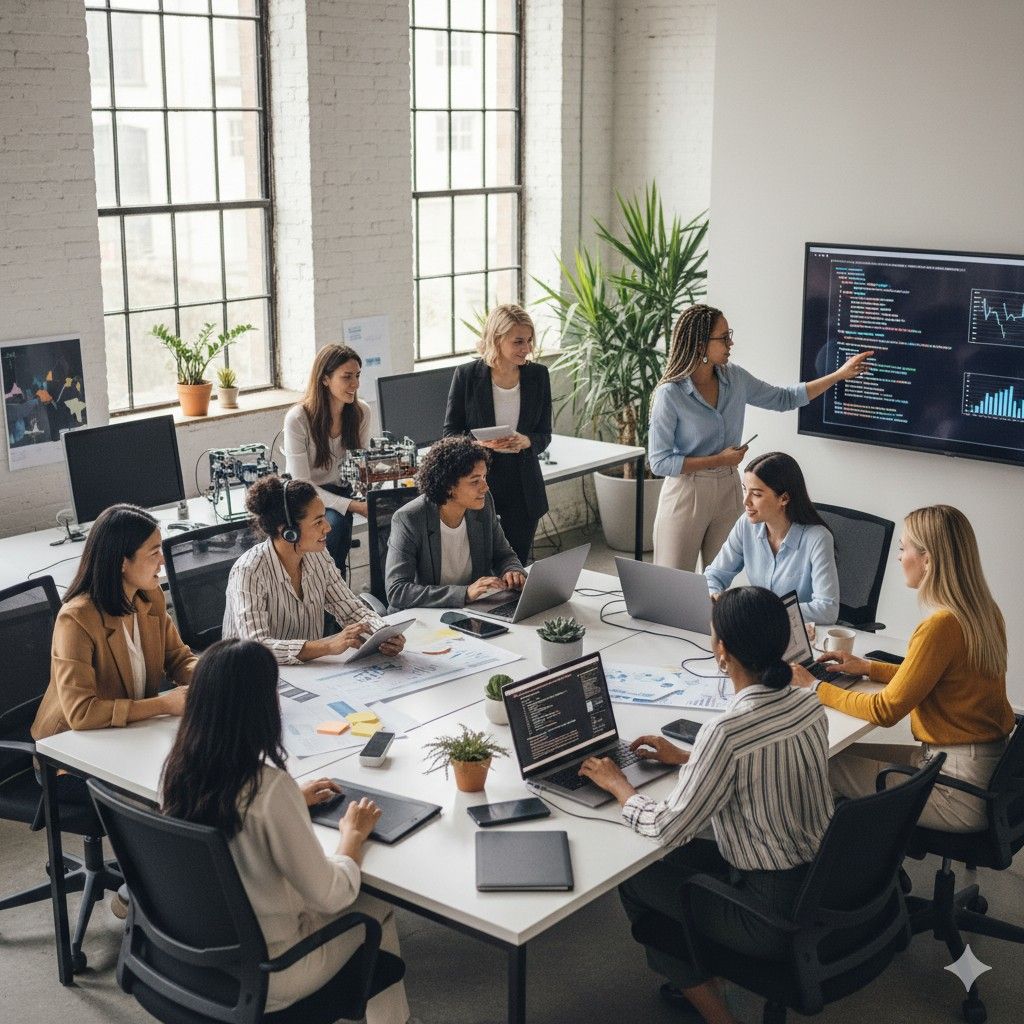 Team of professionals collaborating in a modern office, reviewing data on laptops and a screen, representing business growth and merchant cash advance solutions in Wyoming.