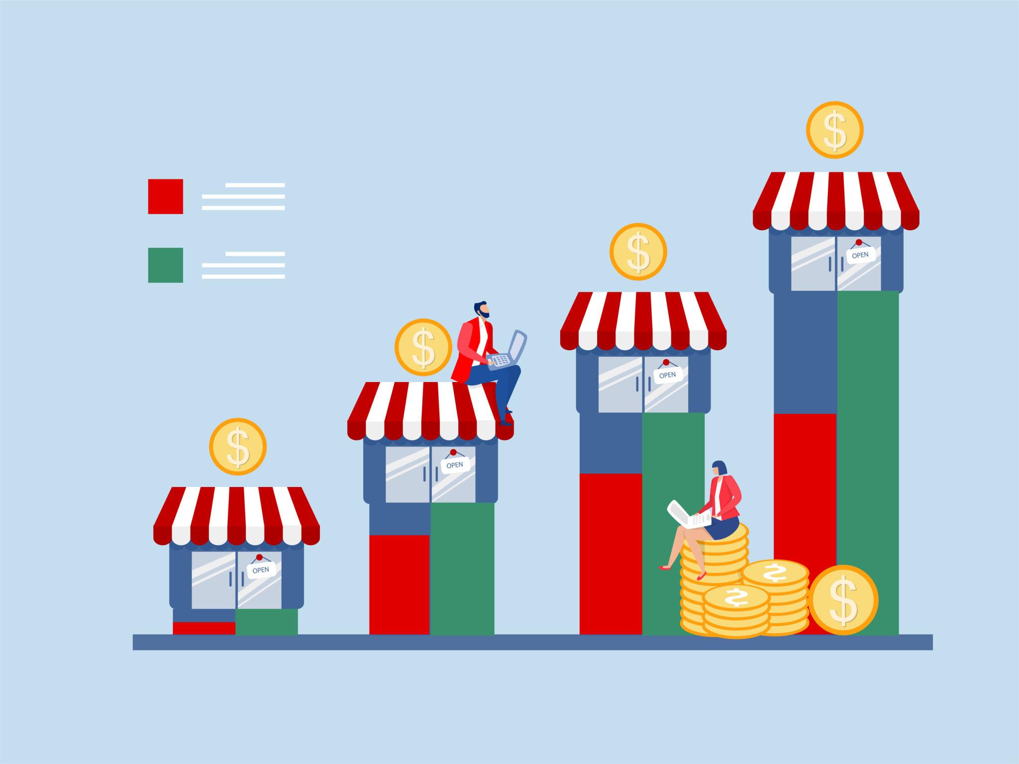 Illustration of growing businesses and increasing revenue represented by storefronts, coins, and upward-trending charts, symbolizing business loans and financing in California.