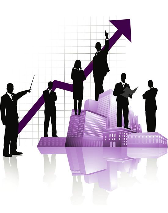 Silhouettes of business professionals standing on city buildings with an upward growth arrow, representing financial success, expansion, and funding opportunities through business loans in Colorado.