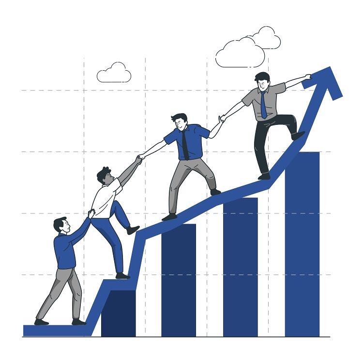 Illustration of business professionals helping each other climb an upward bar chart with an arrow, symbolizing teamwork, financial growth, and access to business funding solutions in Connecticut.