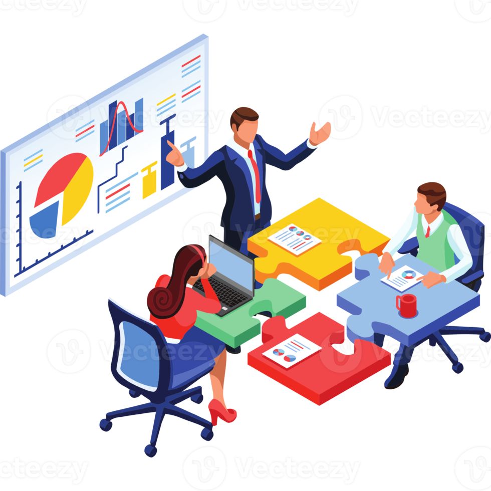Business professionals collaborating around puzzle-shaped desks with charts and analytics on screen, symbolizing strategic planning, financial solutions, and business funding opportunities in Delaware.
