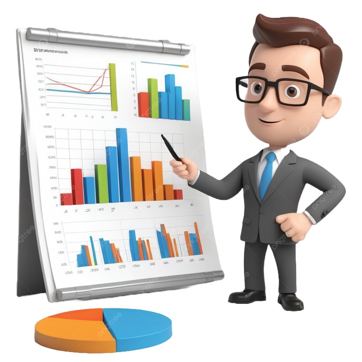 3D business professional presenting financial charts and graphs on a board, symbolizing growth, funding insights, and small business financing opportunities in Georgia.