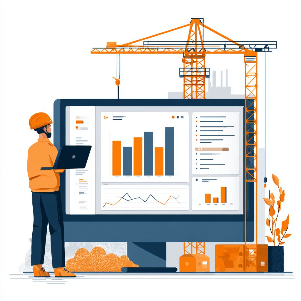Construction professional analyzing financial charts on a digital dashboard with cranes in the background, representing business growth, project funding, and small business loan opportunities in Hawaii.