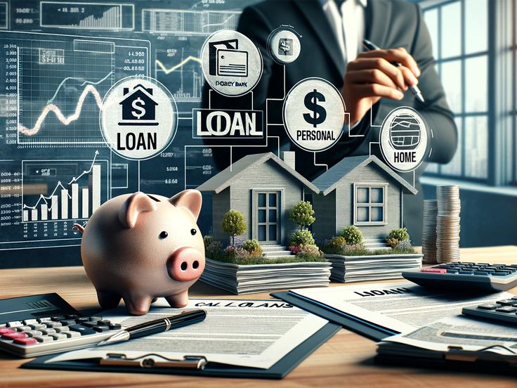 Financial workspace featuring a piggy bank, loan documents, charts, and small property models, illustrating funding options, financial planning, and small business loan opportunities in Iowa.