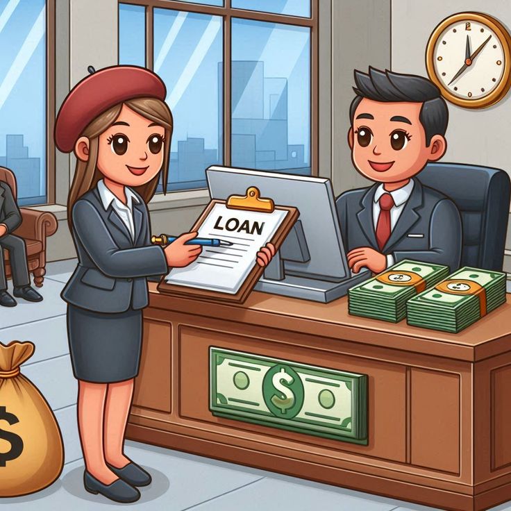 Cartoon-style illustration of a business owner reviewing a loan agreement with a banker at a desk, with cash stacks and financial elements symbolizing funding approval and small business loan services in Kansas.