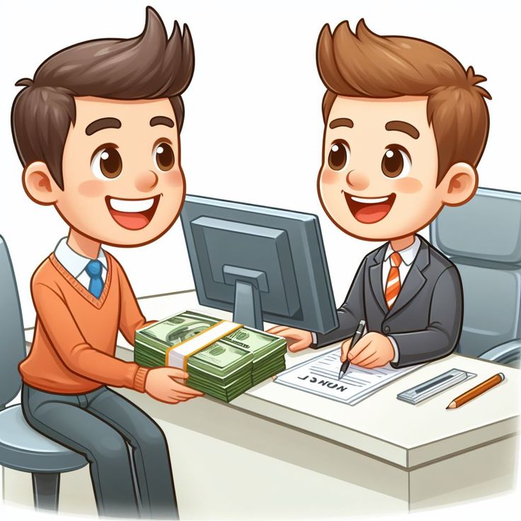 Cartoon-style illustration of a business owner receiving a cash bundle from a lender across a desk while signing loan documents, representing quick funding approval and small business loan services in Kentucky.