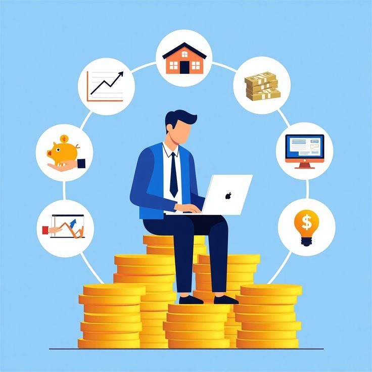 Illustration of a professional sitting on stacked coins using a laptop, surrounded by icons of savings, growth charts, cash, and funding tools, representing financial planning and small business loan opportunities in Louisiana.