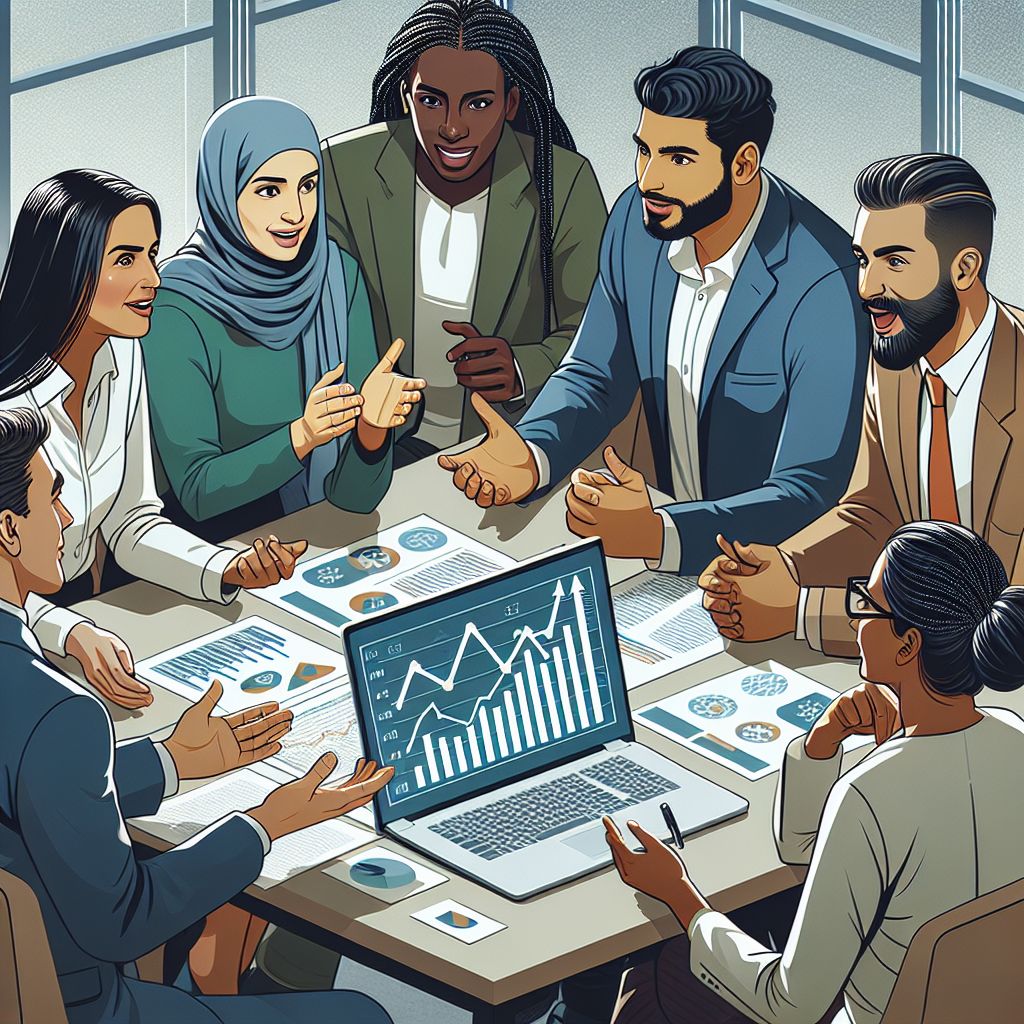 Illustration of a diverse team of professionals discussing financial charts on a laptop during a meeting, representing collaboration, business growth strategies, and small business loan planning in Maine.