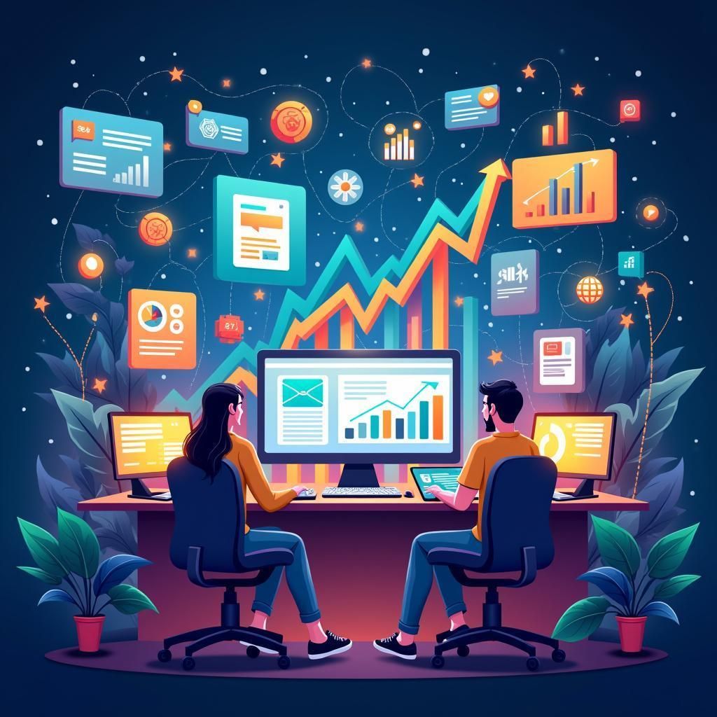 Illustration of two professionals analyzing financial data on multiple screens with rising graphs and digital dashboards, symbolizing business growth, funding insights, and small business loan opportunities in Massachusetts.